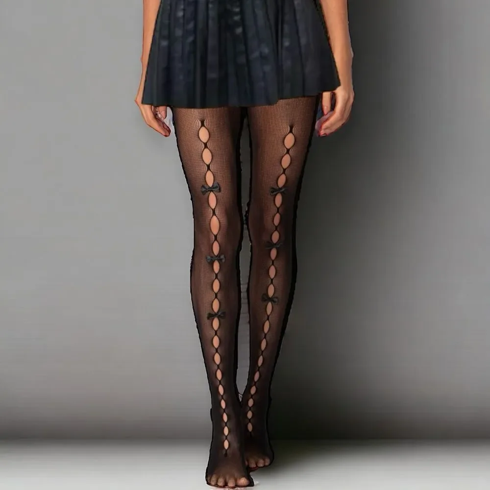 Black Cut Out Black Satin Bows Tights NEW